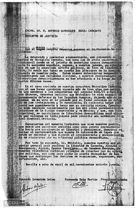 Carta de E. Saborido, F. Soto y F. Acosta al ministro de Justicia reclamando la libertad de Marcelino Camacho y de todos los ciudadanos privados de ella.