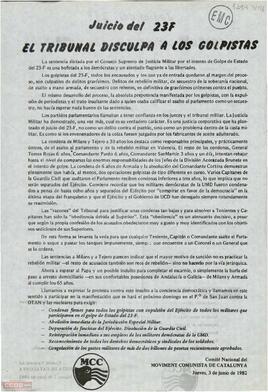 “Juicio del 23F. El Tribunal disculpa a los golpista”. Llamamiento del Comité Nacional del Moviment Comunista de Catalunya  a la participación en la manifestación contra la OTAN y los golpistas