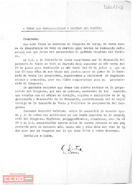 Carta de Enrique Líster a todas las organizaciones y comités del partido en la que informa sobre la preparación del Congreso.
