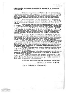 Copia de la carta de la Comisión de Enlaces y obreros de metalúrgicos de Sevilla a la Comisión de Enlaces y jurados de la metalurgia madrileña. Información varia.