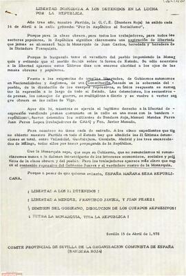 “Libertad inmediata a los detenidos en la lucha por la República”. Declaración del Comité Provincial de Sevilla de la OCE (Bandera Roja) a favor de los detenidos