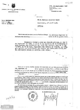 Acuerdo del Gobierno Civil de Sevilla por el que se impone una multa a Eduardo Saborido por promover y realizar la reunión del día 12 de septiembre.