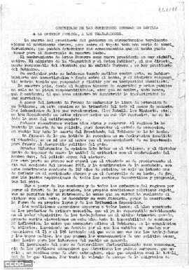 Comunicado de las Comisiones Obreras de Sevilla sobre las consecuencias del nombramiento de Arias Navarro para el desarrollo de la lucha obrera.