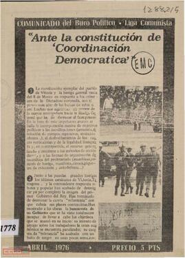 “Ante la constitución de Coordinación Democrática”. Comunicado del Buró Político de la Liga Comunista. Folleto de 6 páginas