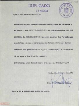 Carta de Francisco Miguel Guzmán Sánchez al Gobernador Civil de Cádiz comunicándole la celebración de una conferencia en Bornos (Cádiz) sobre las tareas del PTE.