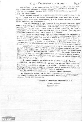 Carta de E. Saborido y F. Soto a los trabajadores de Sevilla agradeciéndoles los esfuerzos que hicieron posible la victoria y animándoles a seguir luchando por la amnistía.