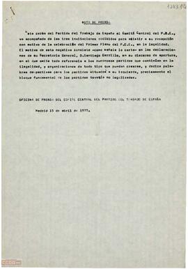 Nota de prensa  del PTE referente a la invitación al primer pleno del PCE