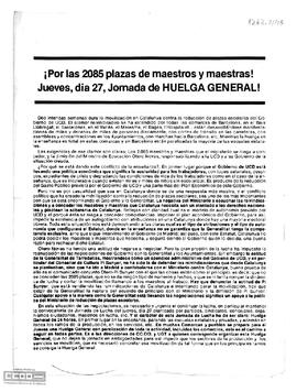 “¡Por las 2085 plazas de maestros y maestras! Jueves, día 27, jornada de ¡huelga general!”. Propuestas del Comité Executiu de Catalunya de la LCR