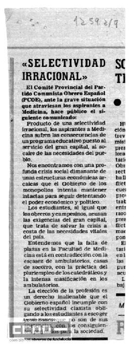 “Selectividad irracional”. Comunicado de prensa del Comité Provincial del PCOE. Recorte de prensa