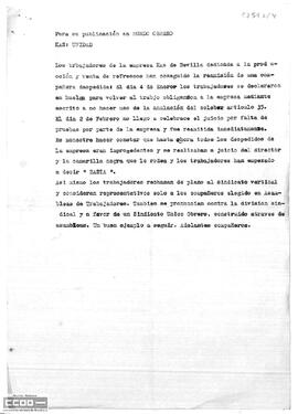Comunicado de prensa  de los trabajadores de Kas de Sevilla  sobre la readmisión de una compañera despedida.