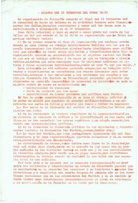 “Balance del 1º trimestre del curso 76-77 y de la campaña del referéndum”. Organización de Filosofía y Letras del Movimiento Comunista