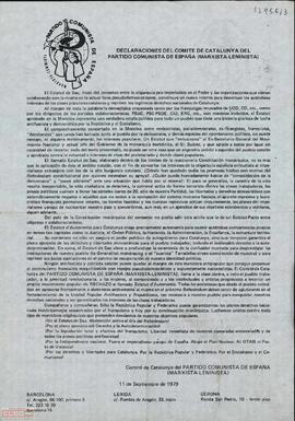 Declaraciones del Comité de Catalunya del Partido Comunista de España (marxista-leninista) sobre el Estatuto de autonomía de Catalunya. Documento en español y catalán