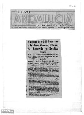 “Fianzas de 60.000 pesetas a Isidoro Moreno, Eduardo Saborido y Benítez Rufo”. Recorte de prensa. Nueva Andalucía