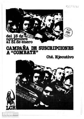 “Campaña de suscripciones a Combate”. Comité Ejecutivo de la LCR.