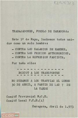 “Trabajadores, pueblo de Zaragoza: este 1º de mayo… “. Octavilla del Comité Provincial de [Zaragoza] del MCE y del Comité Local de [Zaragoza] del PCE (i)