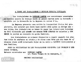 Comunicado de los trabajadores de Sondeos de Campos pidiendo solidaridad ante el cierre de la empresa