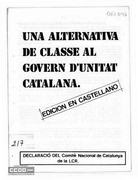 “Una alternativa de classe al govern d’unitat catalana”. Declaració del Comité Nacional de Catalunya de la LCR. Edición en castellano