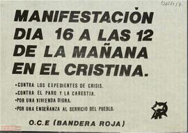 “Manifestación día 16 a las 12 de la mañana en el Cristina...”. Hoja volandera de la OCE (Bandera Roja)