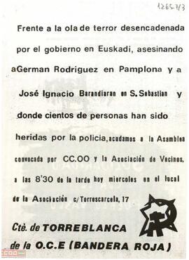 “Frente a la ola de terror desencadenada por el gobierno de Euskadi, asesinando a Germán Rodríguez... acudamos a la Asamblea convocada por CC.OO. y la Asociación de Vecinos”