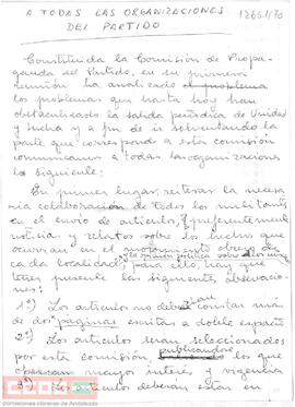 Carta de Manuel Ballesteros, responsable de la Comisión de Propaganda, a todas las organizaciones en la que informa sobre las normas que  se deben tener en cuenta para el envío de los artículos a Unidad y Lucha.