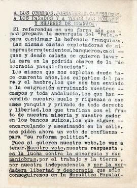 “A los obreros, jornaleros, campesinos, a los parados y a todos los hombres y mujeres de Granada”. Llamamiento del Comité Provincial de Granada del Partido Comunista (marxista-leninista) al boicot activo al referéndum