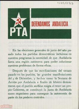“Defendamos Andalucía”. Llamamiento del Comité Ejecutivo del Comité Central del PTA  para exigir poderes efectivos para la Junta de Andalucía.