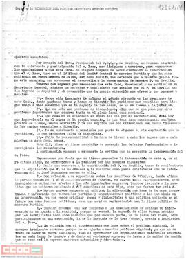Copia de la carta del Comité Provincial de Sevilla del PCOE a la Dirección del PCOE en la que expone las  conclusiones de la intervención del camarada Paco en el IV Pleno.