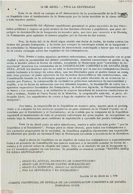 “14 de abril: ¡Viva la República!”. Declaración del Comité Provincial de Sevilla de la OCE (Bandera Roja) a favor de la República