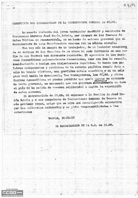 Comunicado del Secretariado condenando la muerte de José María Zabala.