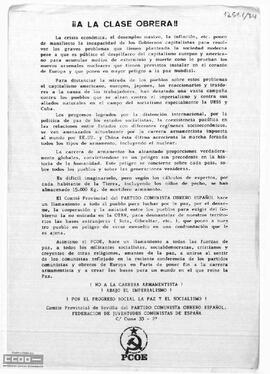 “¡A la clase obrera!”. Llamamiento del Comité Provincial de Sevilla del PCOE y de la Federación de Juventudes Comunistas de España para luchar por la paz y poner fin a la carrera armamentista.
