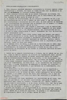 Circular de la Comisión de Organización del Comité Nacional de Catalunya de la [LCR] sobre organización y funcionamiento
