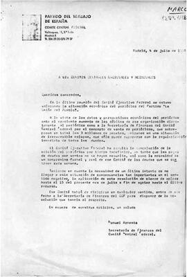 Circular de la Secretaría de Finanzas del Comité Central Federal del PTE a los comités centrales nacionales y regionales acerca de la situación económica del periódico La Unión del Pueblo