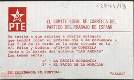 Invitación del Comité Local de Cornella del PTE a la charla coloquio sobre la crisis económica y el Pacto de la Moncloa.