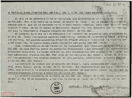 Circular a todos los militantes de Comisiones Obreras del metal de la LCR sobre el congreso del metal de CC.OO