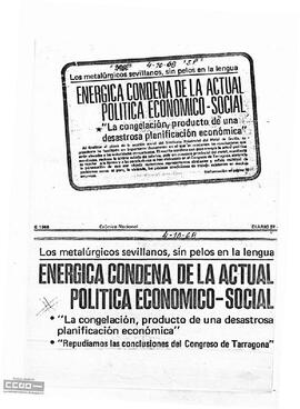 “Enérgica condena de la actual política económica-social: los metalúrgicos sevillanos, sin pelos en la lengua”. Recorte de prensa.