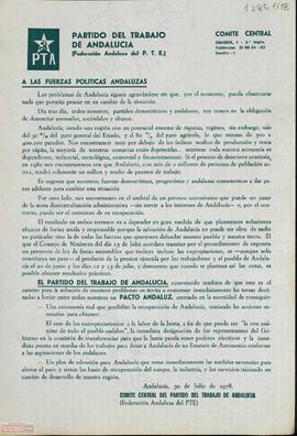 Llamamiento del Comité Central del PTA a las fuerzas políticas andaluzas por la formación de un pacto andaluz para conseguir una autonomía real para Andalucía.