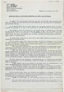 Circular de Joaquín Aramburu Maqua, Secretario de Organización del Comité Central Federal del PTE, referente a la unificación con la ORT