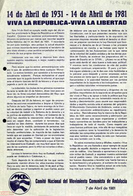 “14 de abril de 1931 – 14 de abril de 1981. Viva la república-Viva la libertad”. Llamamiento del Comité Nacional del Movimiento Comunista de Andalucía a la solidaridad con el pueblo vasco