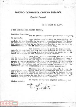 Carta de Enrique Líster a los miembros del Comité Central del PCOE referente a la legalización del partido. Va acompañada de  los estatutos.