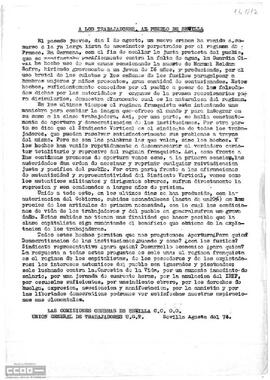 Comunicado de las Comisiones Obreras de Sevilla y la Unión General de Trabajadores sobre las medidas represivas del régimen franquista.