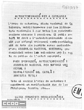 “Autodeterminació per a Catalunya”. Llamamiento de la LCR a la manifestación del 11 de septiembre