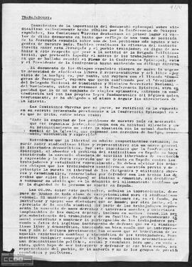 Comunicado de la Asamblea General de las Comisiones Obreras a los trabajadores, en el que se analiza el documento sobre sindicalismo hecho público por la Conferencia de Obispos españoles.