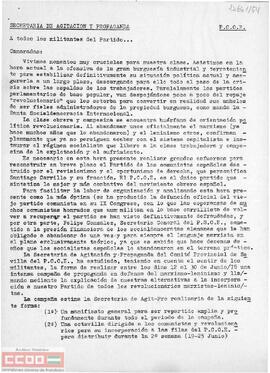 Comunicado de la Secretaría de Agitación y Propaganda del PCOE a los militantes del partido en la que le informa sobre la campaña de propaganda en defensa del marxismo-leninismo.
