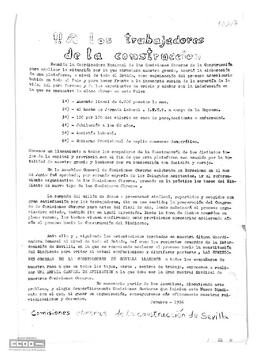¡A los trabajadores de la construcción! Llamamiento de las Comisiones Obreras de la Construcción de Sevilla para la realización de una amplia campaña de afiliación.