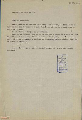 Carta de la Secretaría de Organización del Comité Central del PTE.