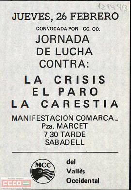 “Jueves, 26 febrero... jornada de lucha contra: la crisis... “. Octavilla del Moviment Comunista de Catalunya del Vallès Occidental