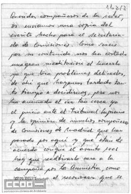 Carta de Eduardo Saborido y Francisco Acosta a los compañeros de “la Inter.” haciendo referencia al escrito dirigido al Secretariado de Comisiones.