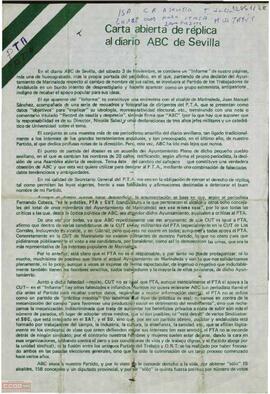 “Carta abierta de réplica al diario ABC de Sevilla” Carta de Isidoro Moreno, Secretario General del PTA, en contestación al artículo publicado en ese diario.