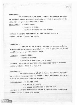 Comunicado de los obreros agrícolas de Andalucía para participar en la huelga del 17 de marzo.