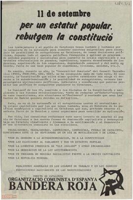 “11 de setembre: per un estatut popular. Rebutgem la constitució“. Llamamiento del Comité de Catalunya de la Organització Comunista d’Espanya (Bandera Roja) a la movilización del día 11